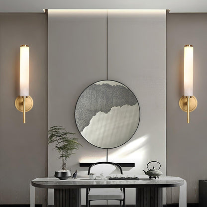 Wall Lamp Art Deco with Alabaster Cylinder Shade and Brass Finish