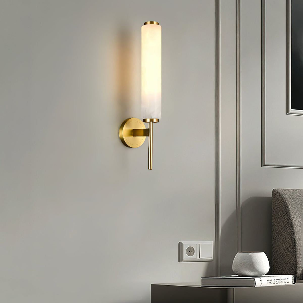 Wall Lamp Art Deco with Alabaster Cylinder Shade and Brass Finish