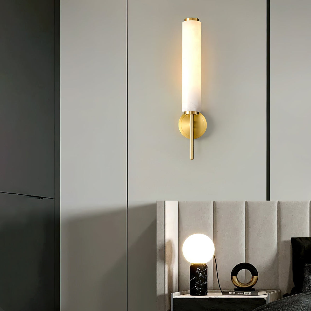 Wall Lamp Art Deco with Alabaster Cylinder Shade and Brass Finish