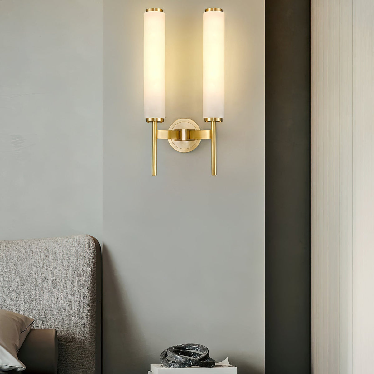 Wall Lamp Art Deco with Alabaster Cylinder Shade and Brass Finish