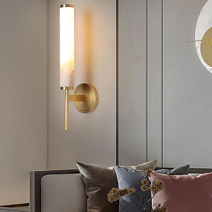 Wall Lamp Art Deco with Alabaster Cylinder Shade and Brass Finish