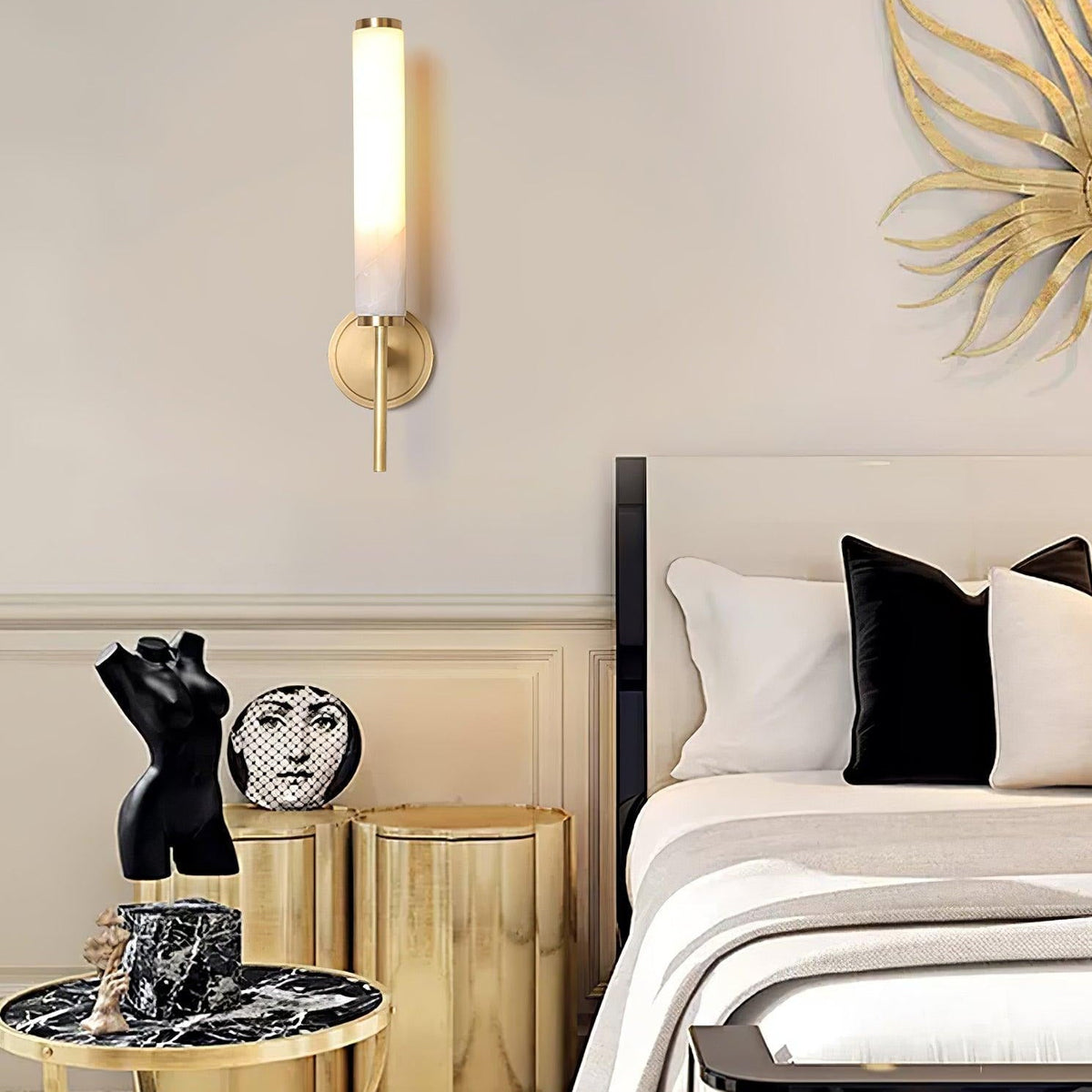 Wall Lamp Art Deco with Alabaster Cylinder Shade and Brass Finish