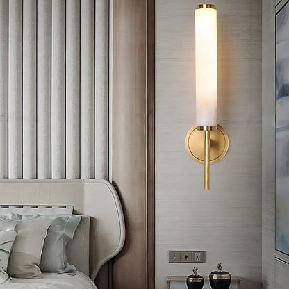 Wall Lamp Art Deco with Alabaster Cylinder Shade and Brass Finish
