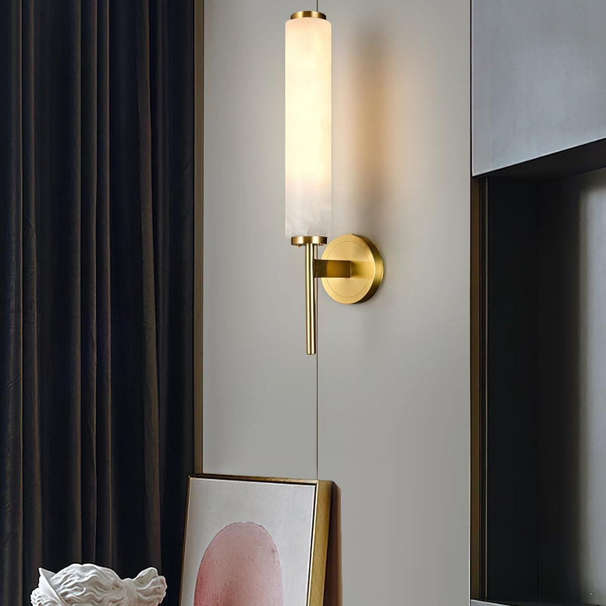 Wall Lamp Art Deco with Alabaster Cylinder Shade and Brass Finish