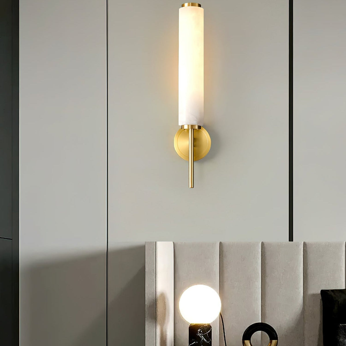 Wall Lamp Art Deco with Alabaster Cylinder Shade and Brass Finish