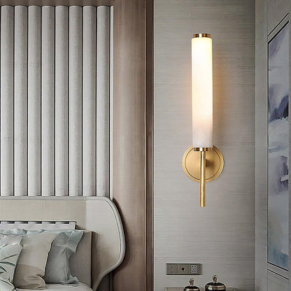 Wall Lamp Art Deco with Alabaster Cylinder Shade and Brass Finish
