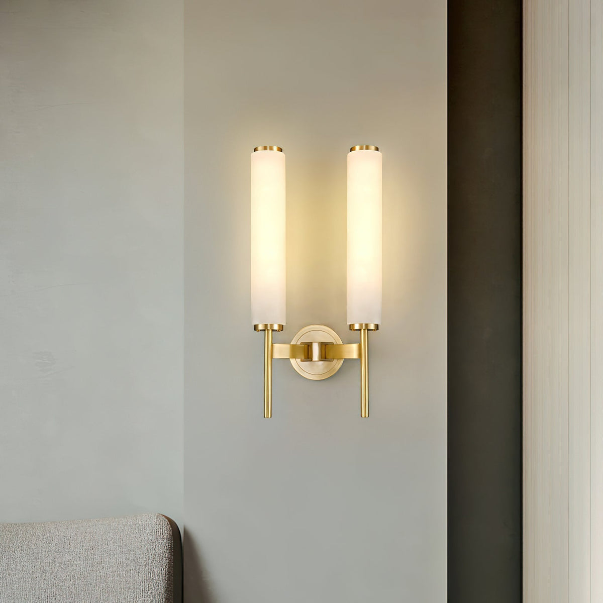 Wall Lamp Art Deco with Alabaster Cylinder Shade and Brass Finish