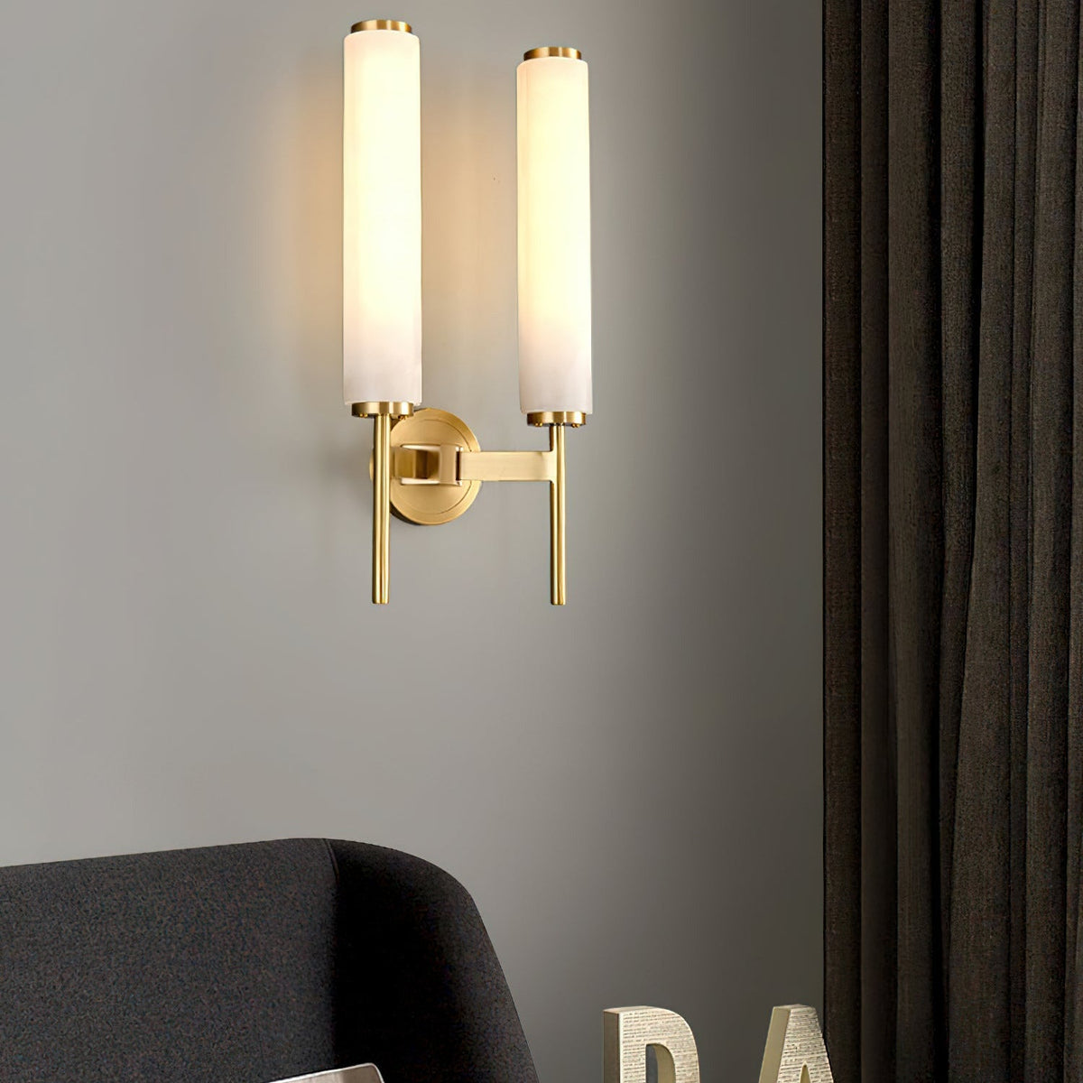 Wall Lamp Art Deco with Alabaster Cylinder Shade and Brass Finish