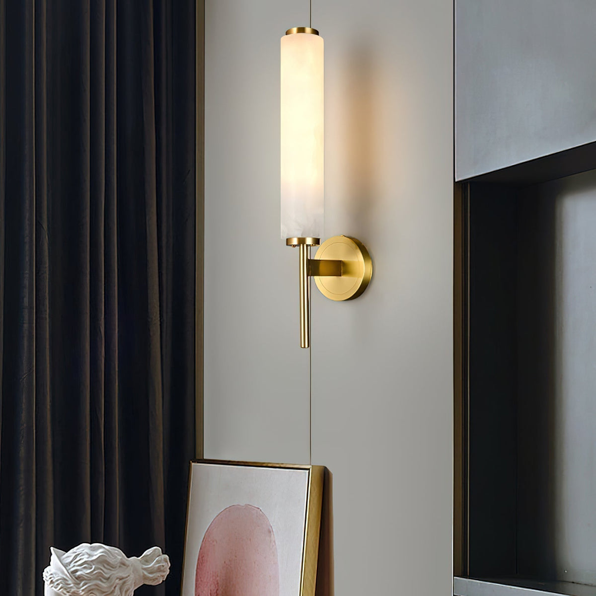 Wall Lamp Art Deco with Alabaster Cylinder Shade and Brass Finish