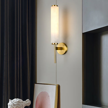 Wall Lamp Art Deco with Alabaster Cylinder Shade and Brass Finish