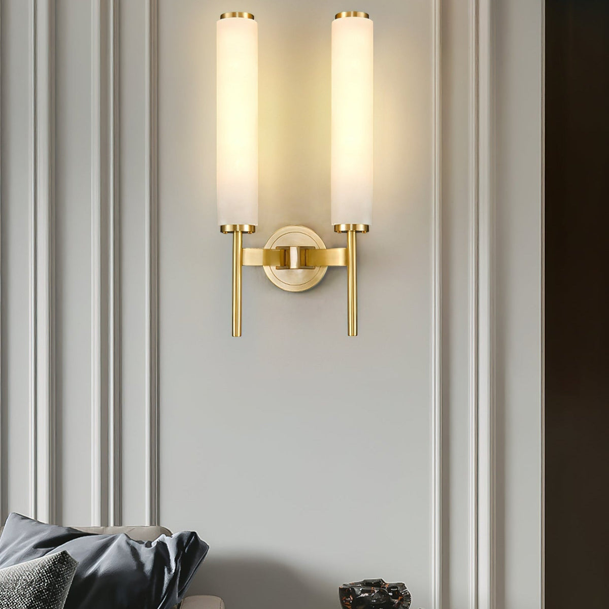 Wall Lamp Art Deco with Alabaster Cylinder Shade and Brass Finish