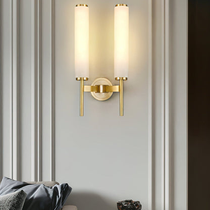 Wall Lamp Art Deco with Alabaster Cylinder Shade and Brass Finish