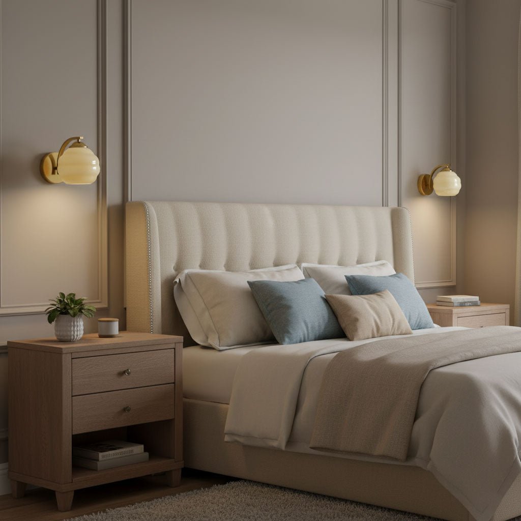 Wall Lamp Art Deco with Curved Glass Shade and Brass or Chrome Finish
