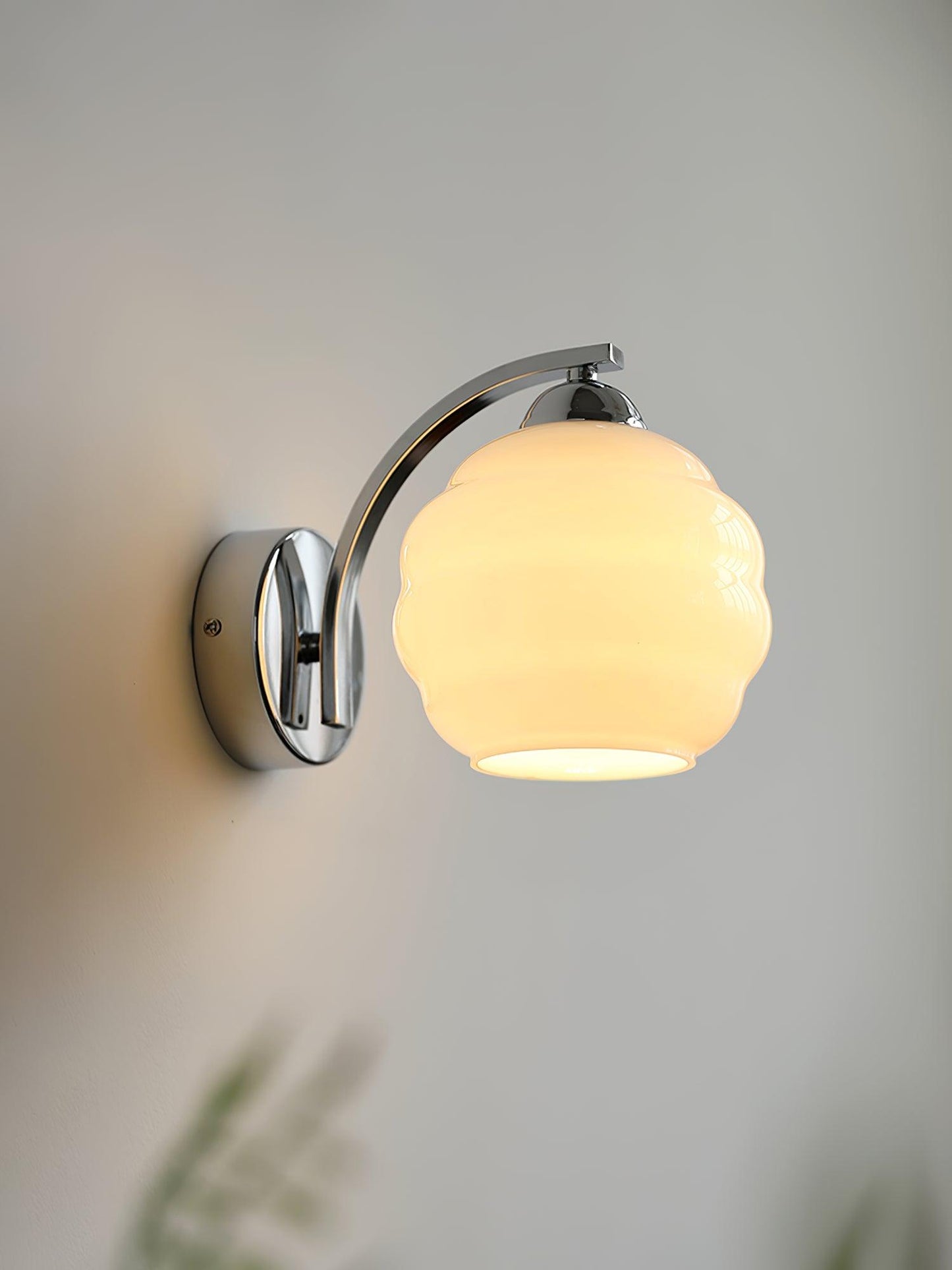 Wall Lamp Art Deco with Curved Glass Shade and Brass or Chrome Finish