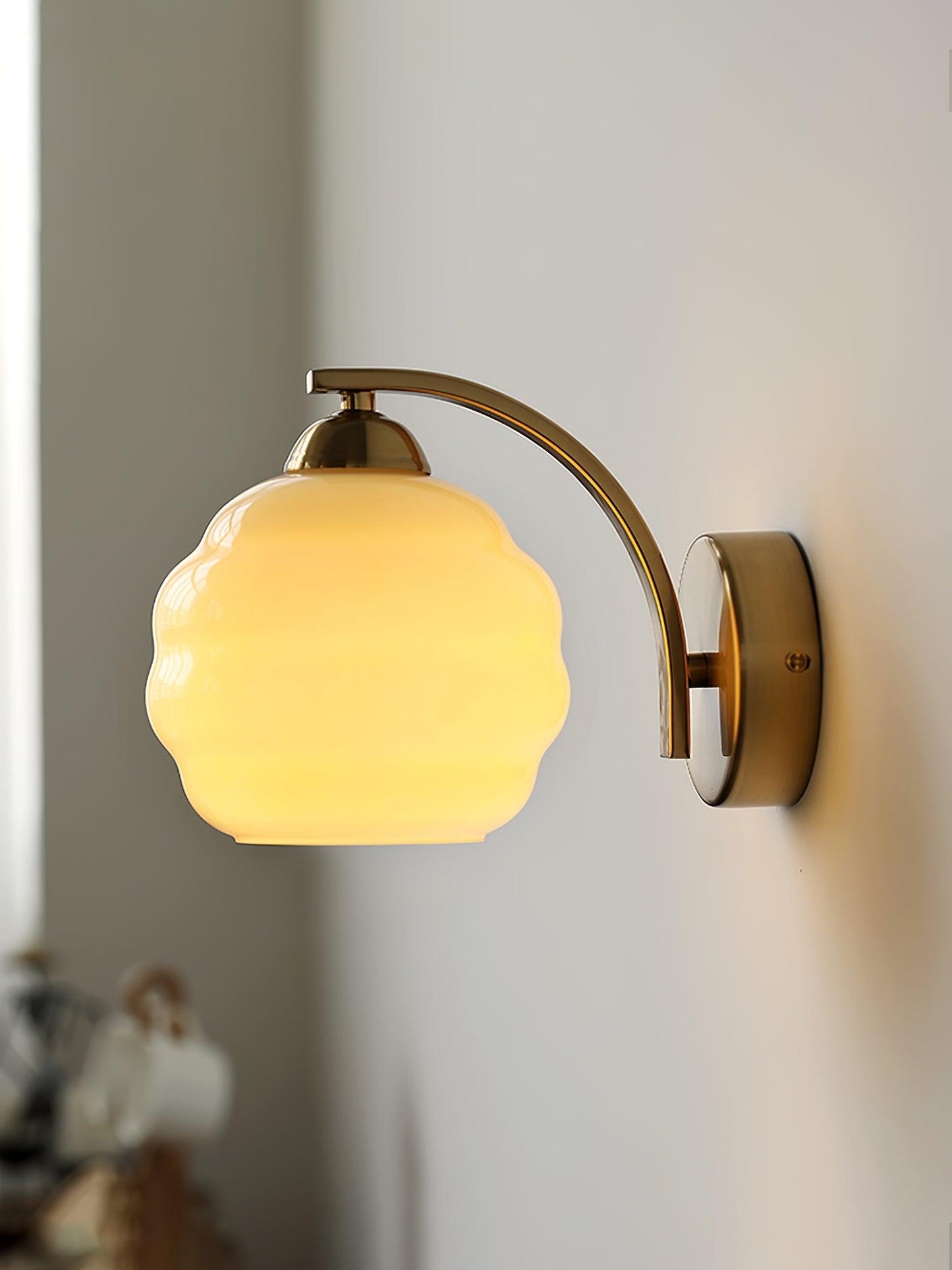 Wall Lamp Art Deco with Curved Glass Shade and Brass or Chrome Finish