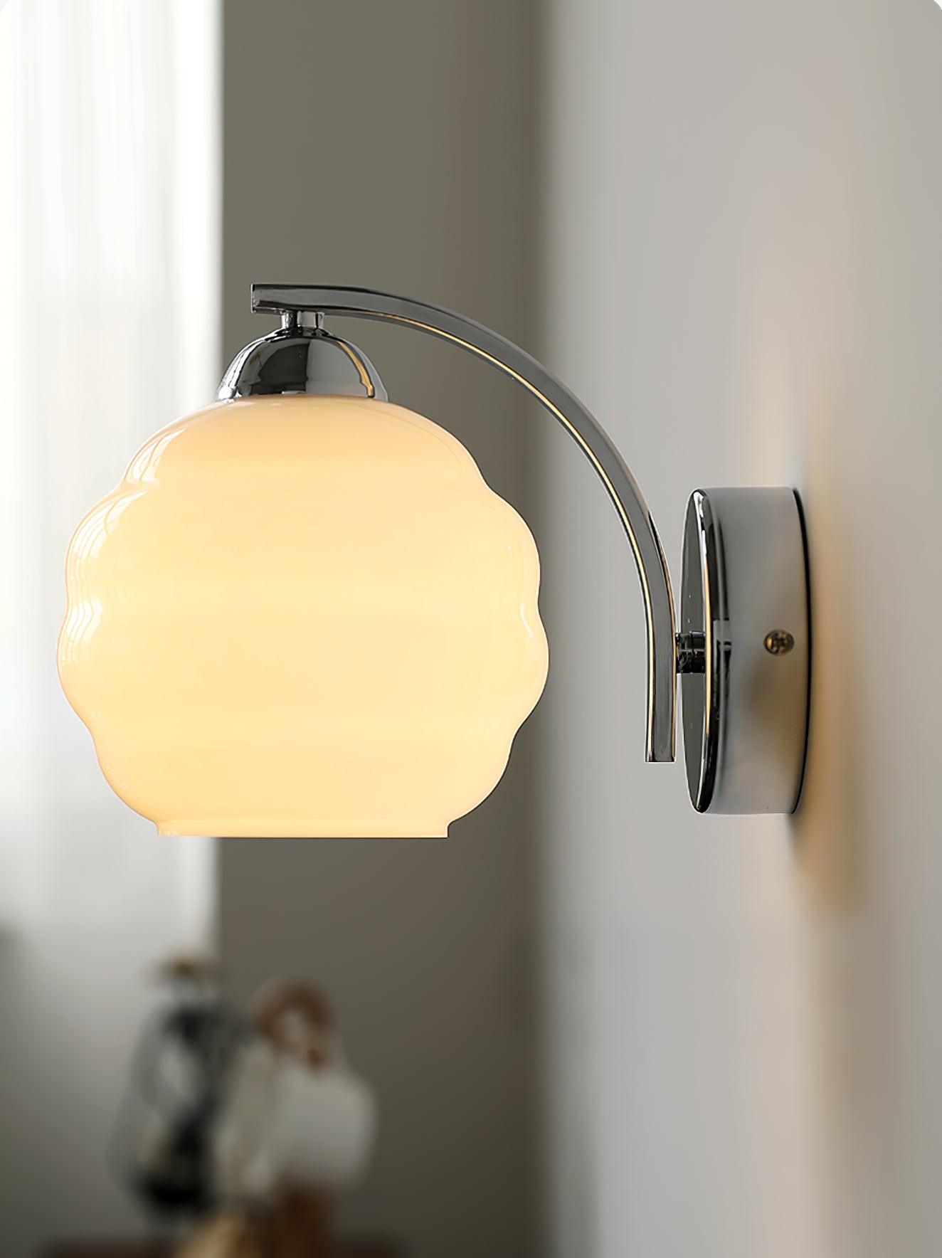 Wall Lamp Art Deco with Curved Glass Shade and Brass or Chrome Finish