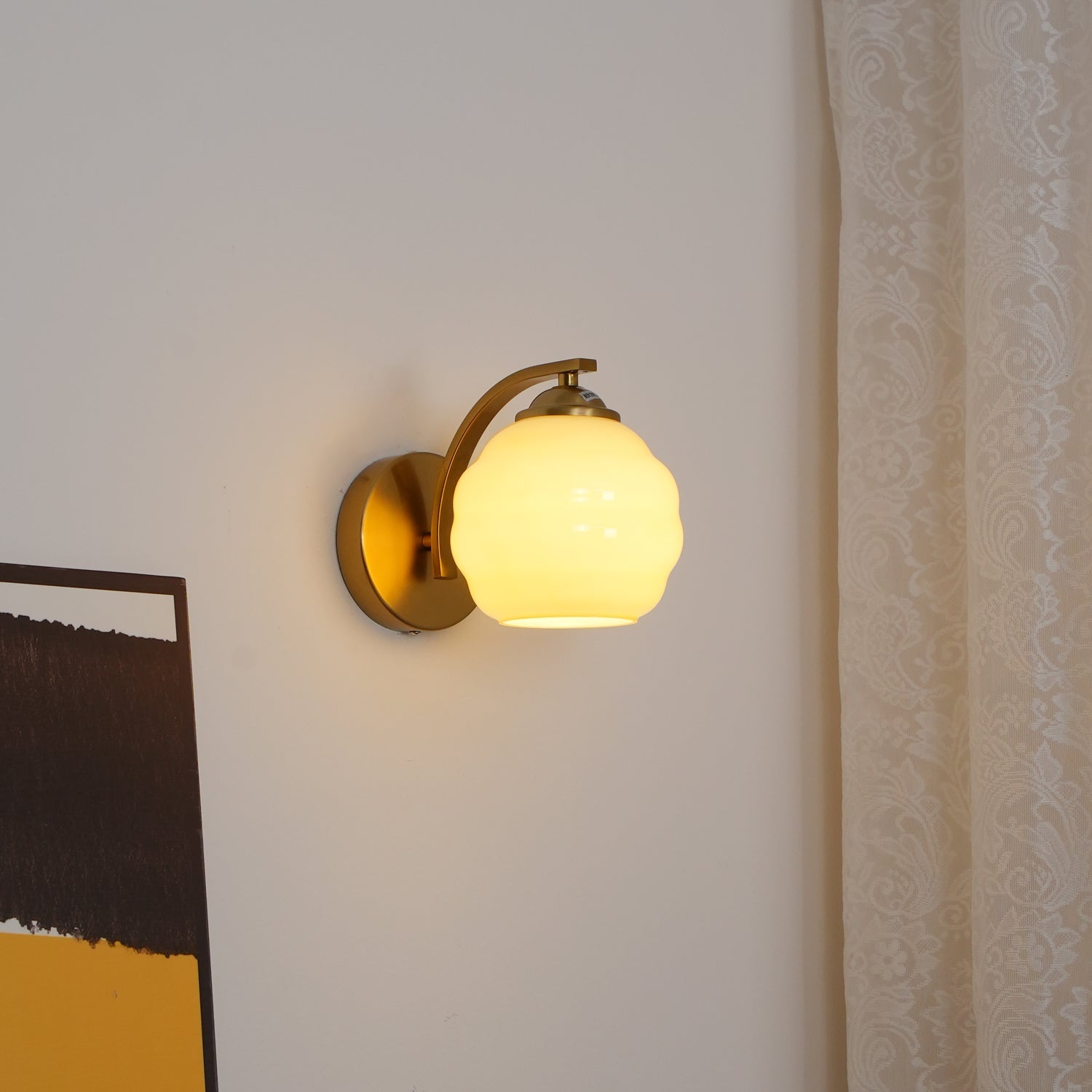 Wall Lamp Art Deco with Curved Glass Shade and Brass or Chrome Finish