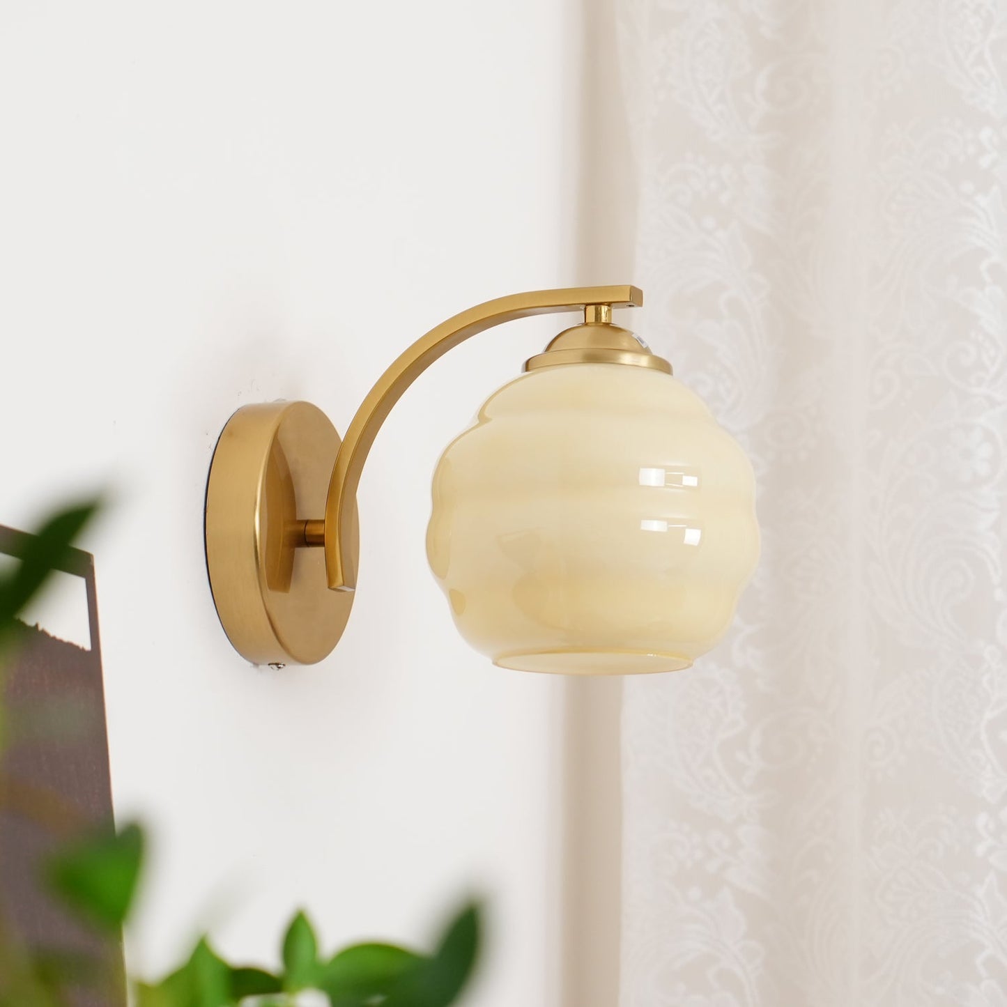 Wall Lamp Art Deco with Curved Glass Shade and Brass or Chrome Finish