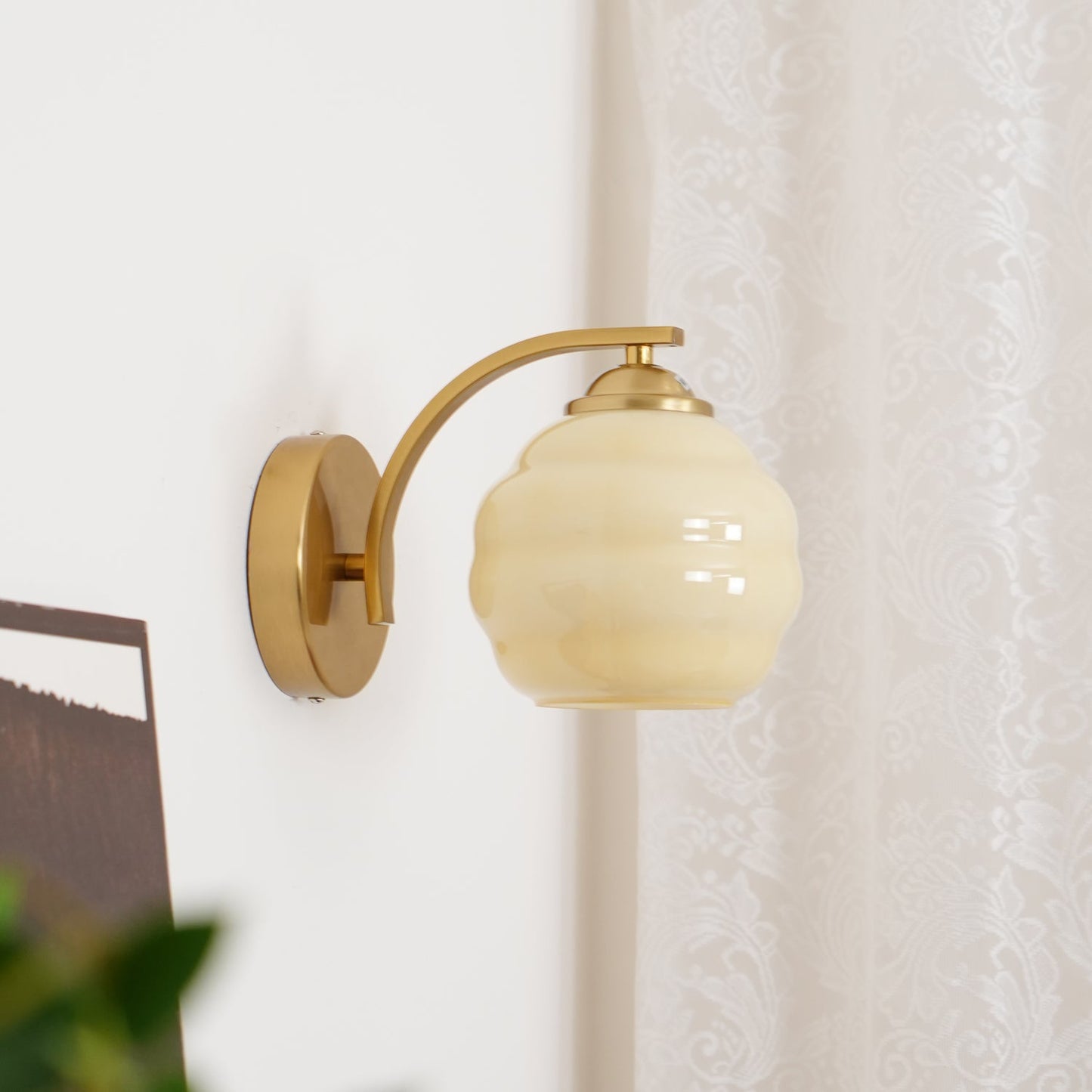 Wall Lamp Art Deco with Curved Glass Shade and Brass or Chrome Finish