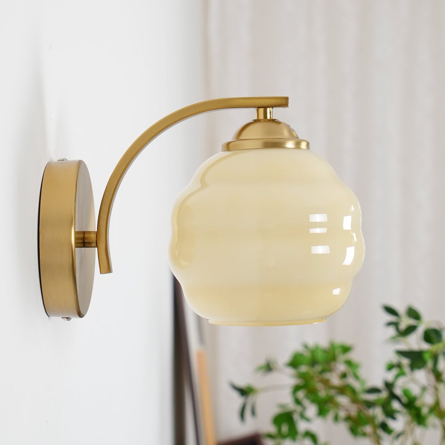 Wall Lamp Art Deco with Curved Glass Shade and Brass or Chrome Finish