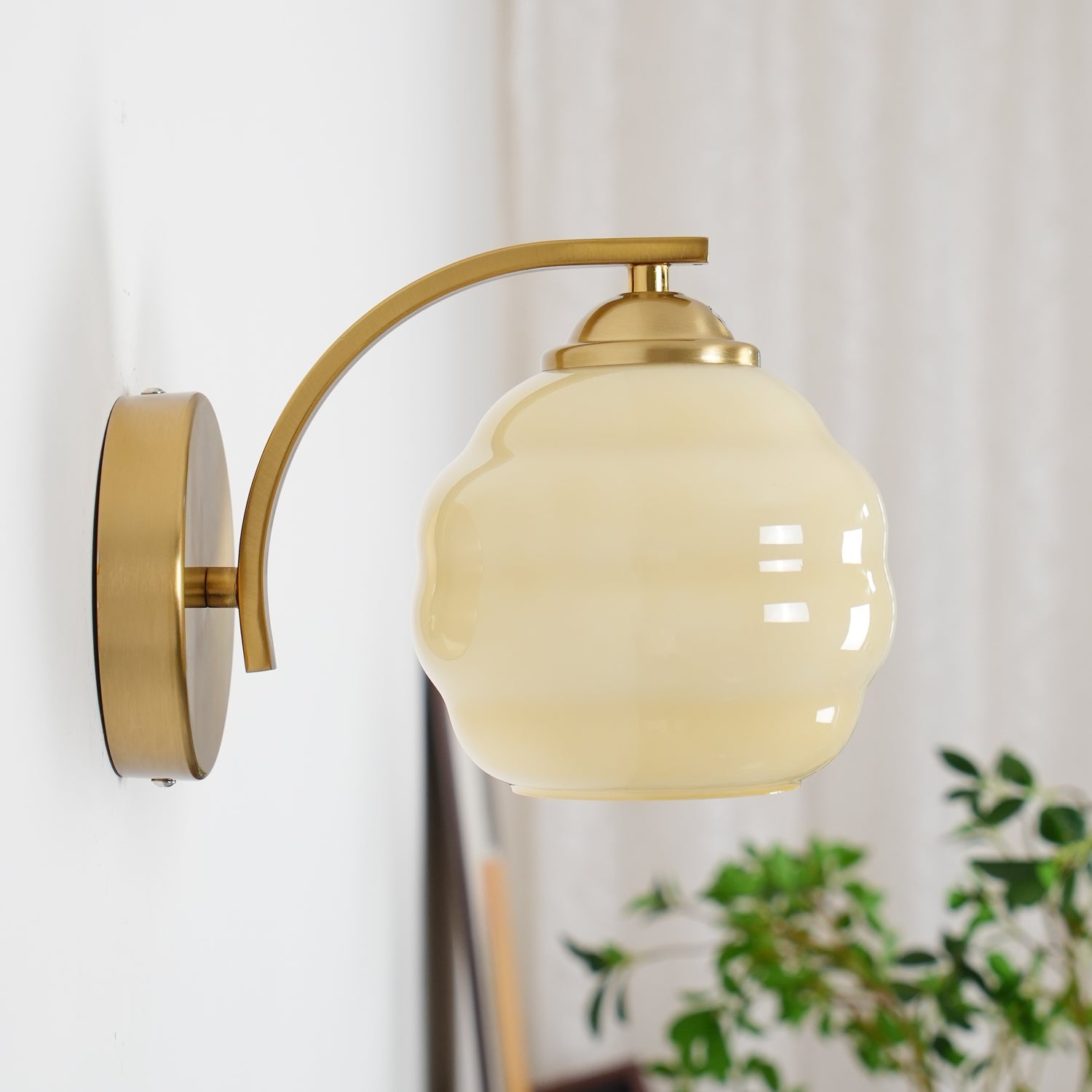 Wall Lamp Art Deco with Curved Glass Shade and Brass or Chrome Finish