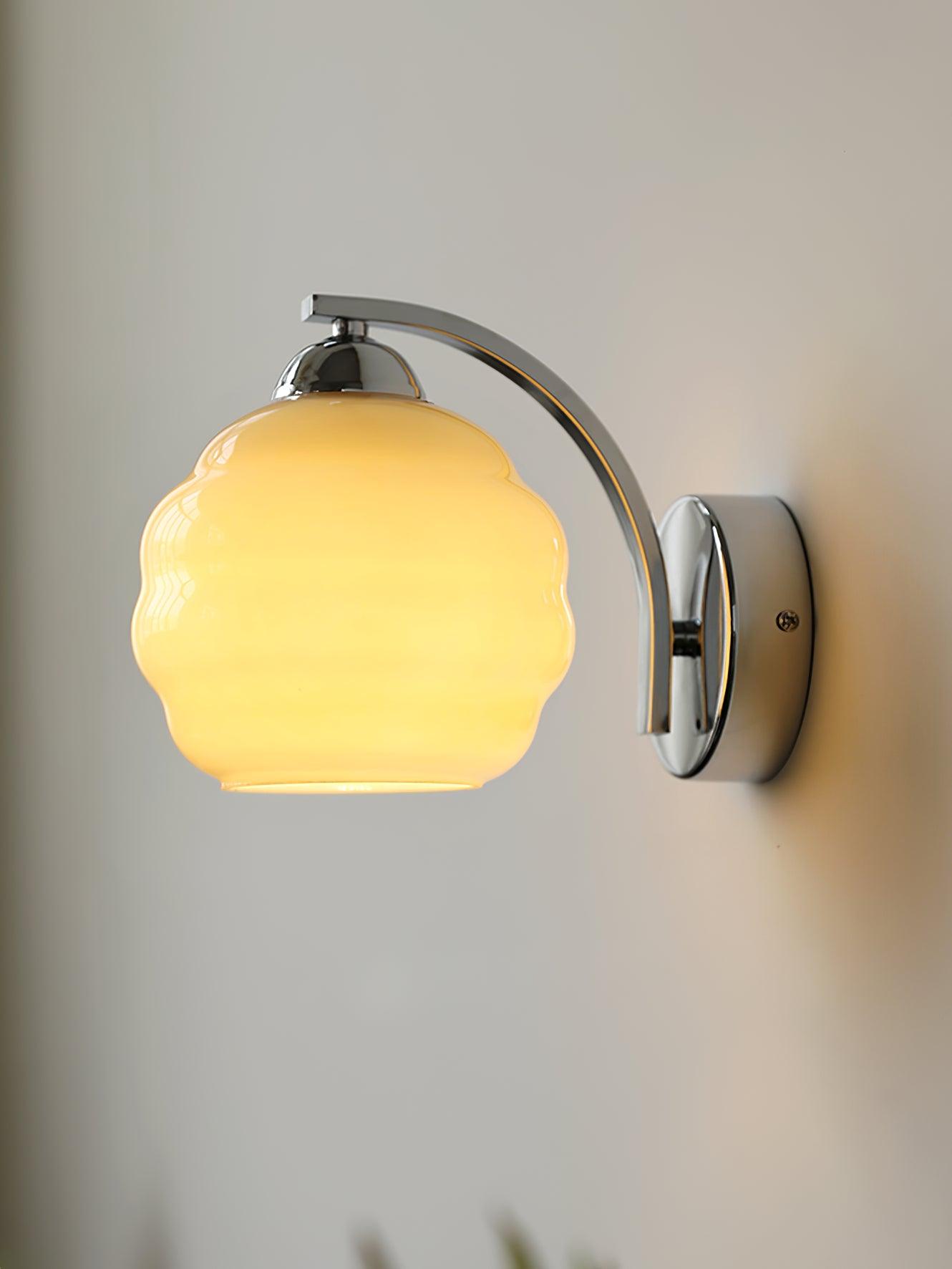 Wall Lamp Art Deco with Curved Glass Shade and Brass or Chrome Finish