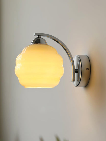 Wall Lamp Art Deco with Curved Glass Shade and Brass or Chrome Finish
