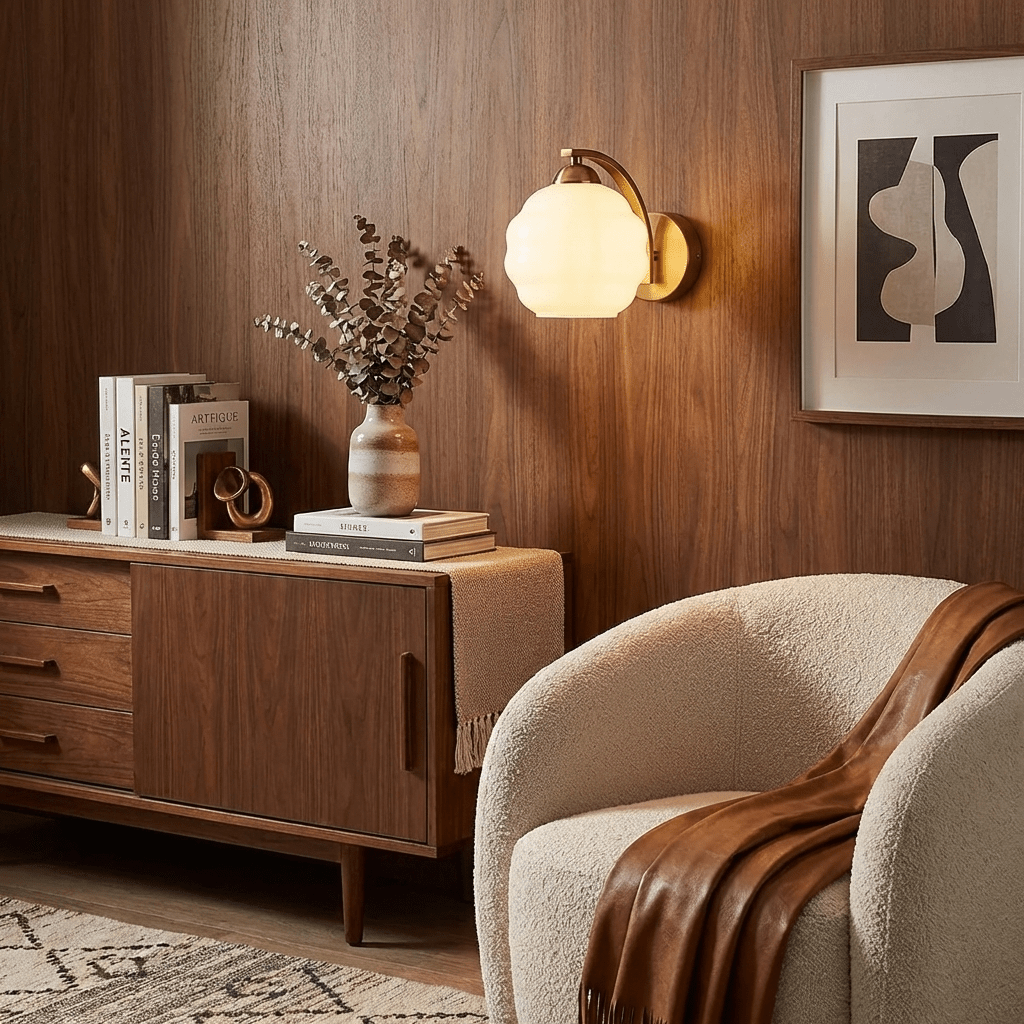 Wall Lamp Art Deco with Curved Glass Shade and Brass or Chrome Finish