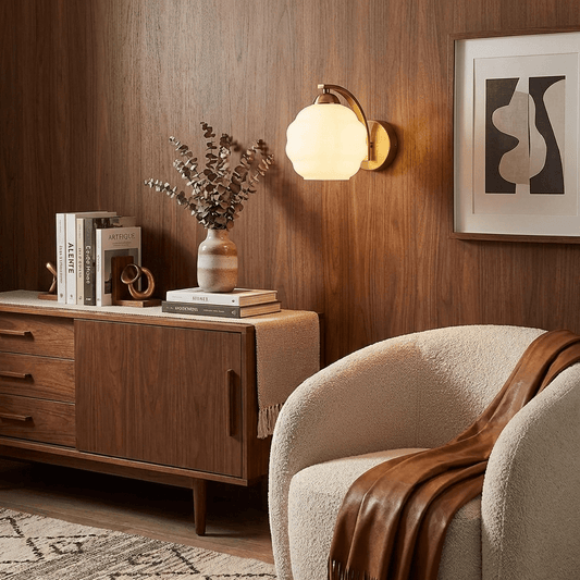 Wall Lamp Art Deco with Curved Glass Shade and Brass or Chrome Finish