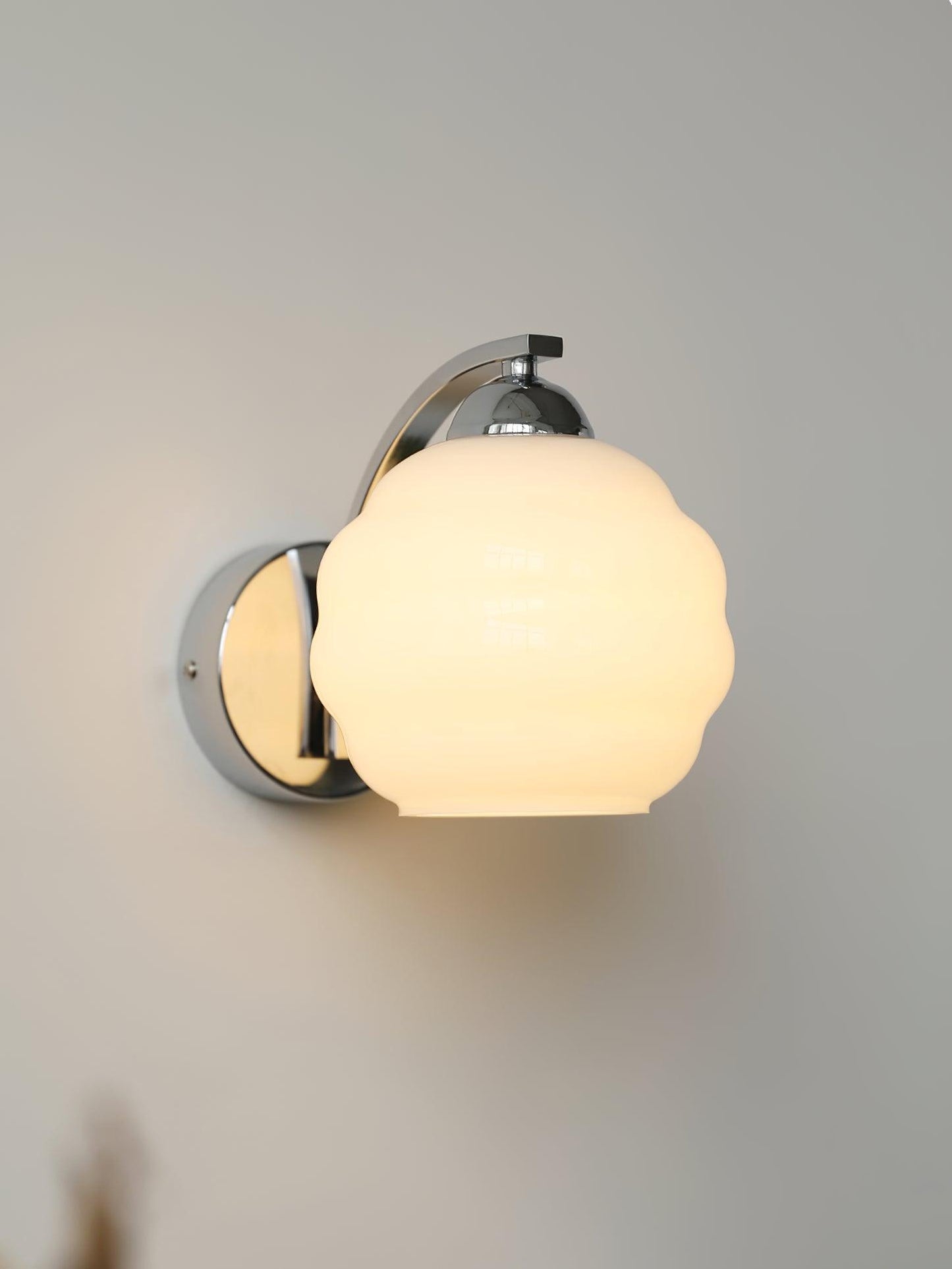 Wall Lamp Art Deco with Curved Glass Shade and Brass or Chrome Finish