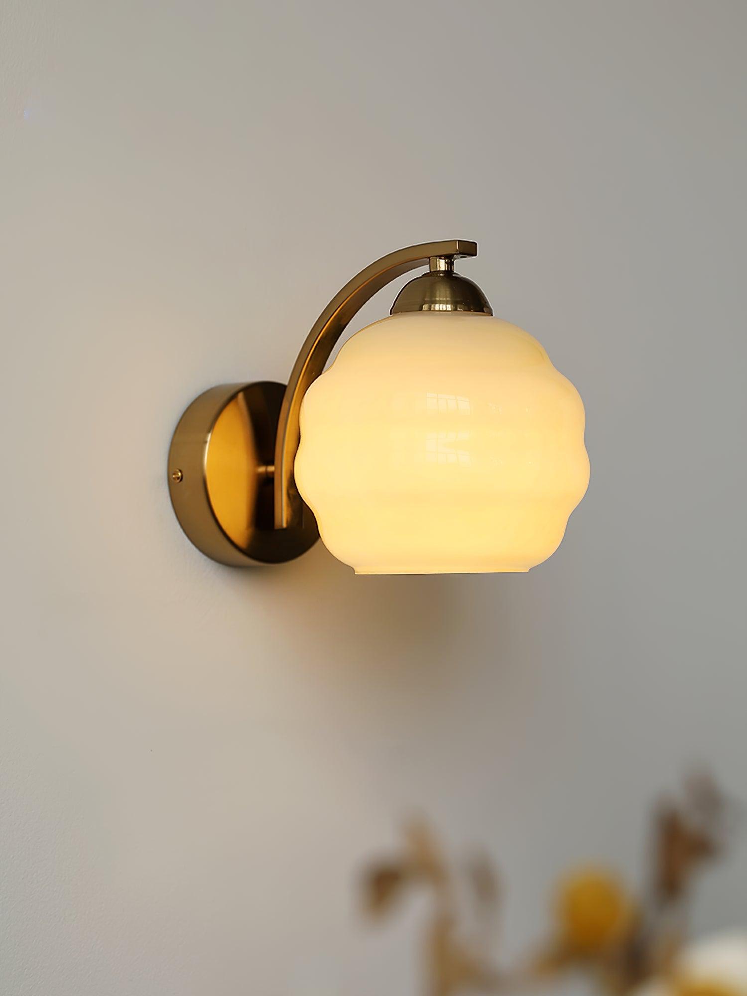 Wall Lamp Art Deco with Curved Glass Shade and Brass or Chrome Finish