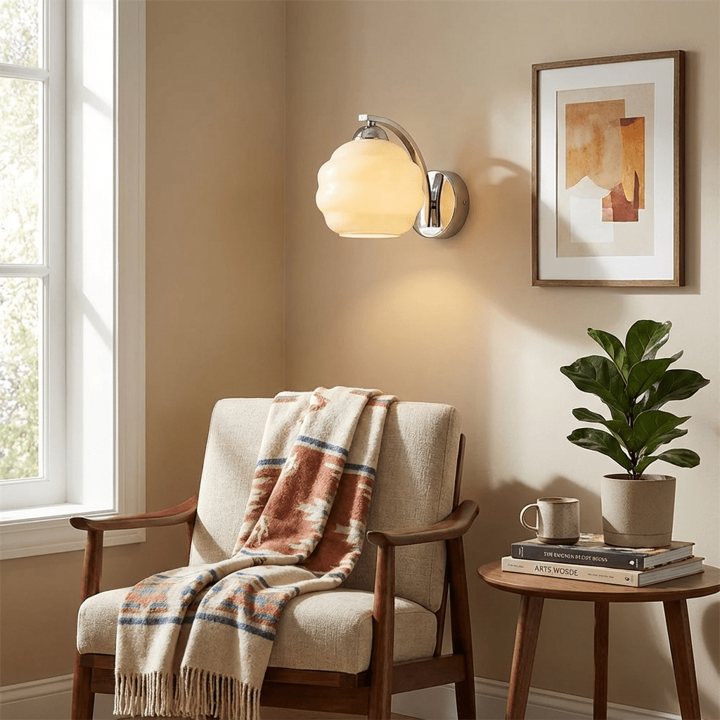 Wall Lamp Art Deco with Curved Glass Shade and Brass or Chrome Finish