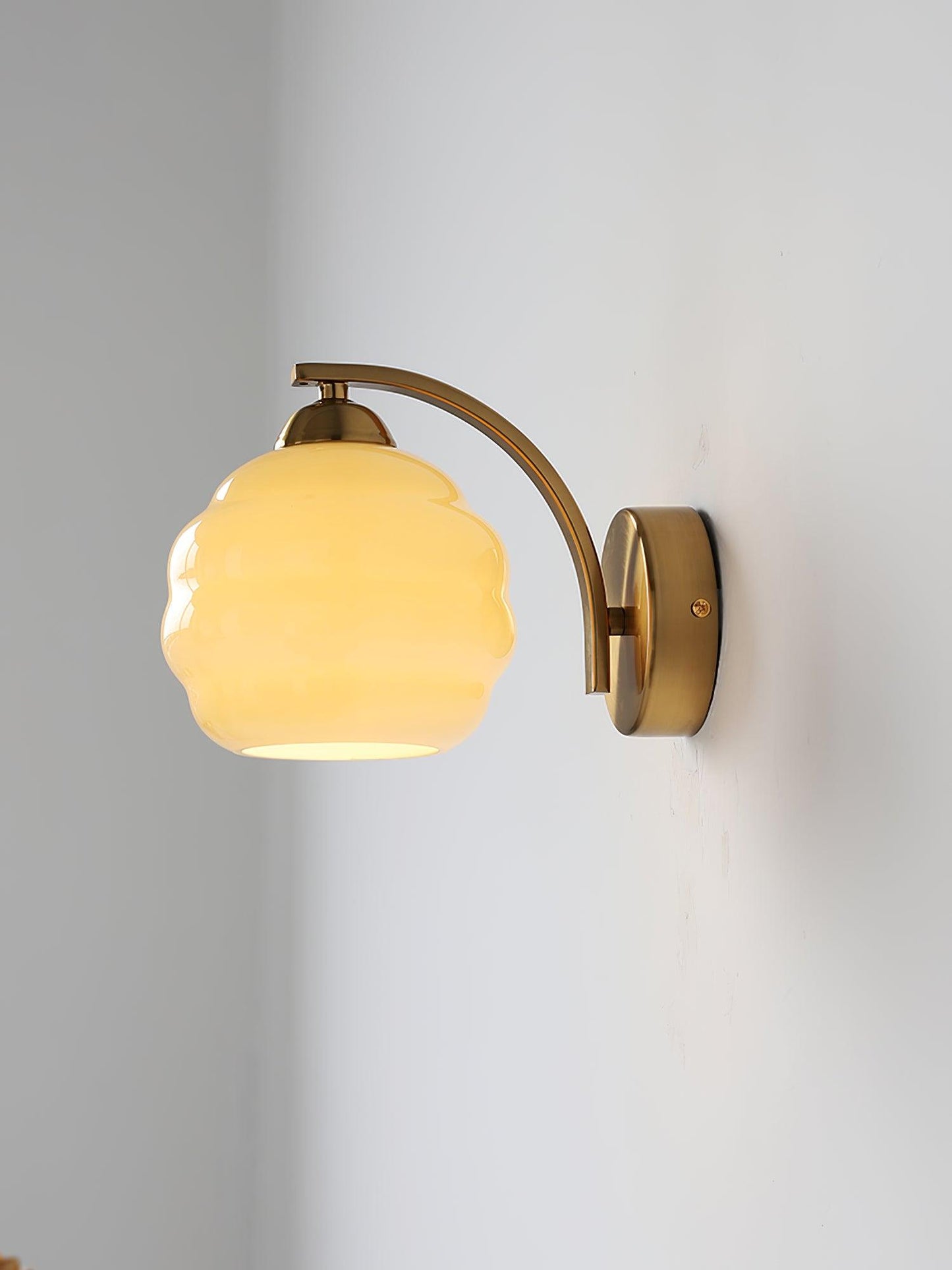 Wall Lamp Art Deco with Curved Glass Shade and Brass or Chrome Finish