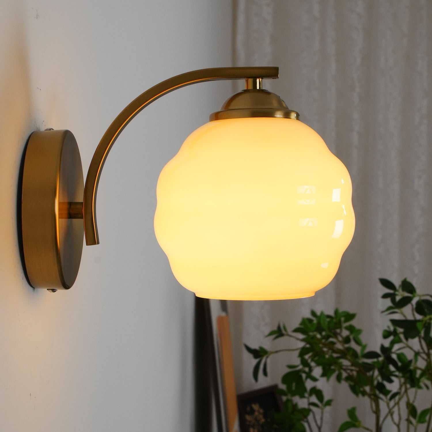 Wall Lamp Art Deco with Curved Glass Shade and Brass or Chrome Finish