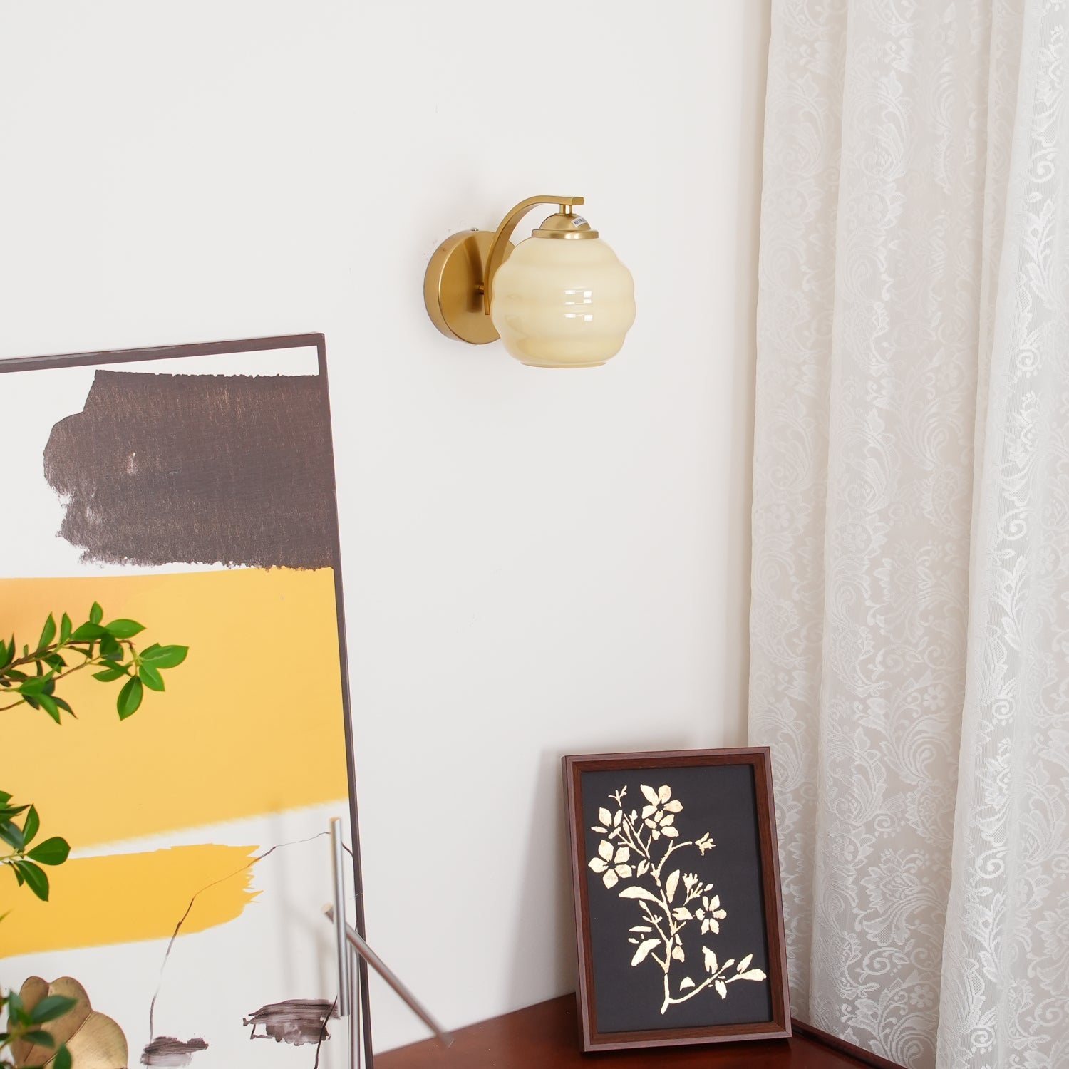 Wall Lamp Art Deco with Curved Glass Shade and Brass or Chrome Finish