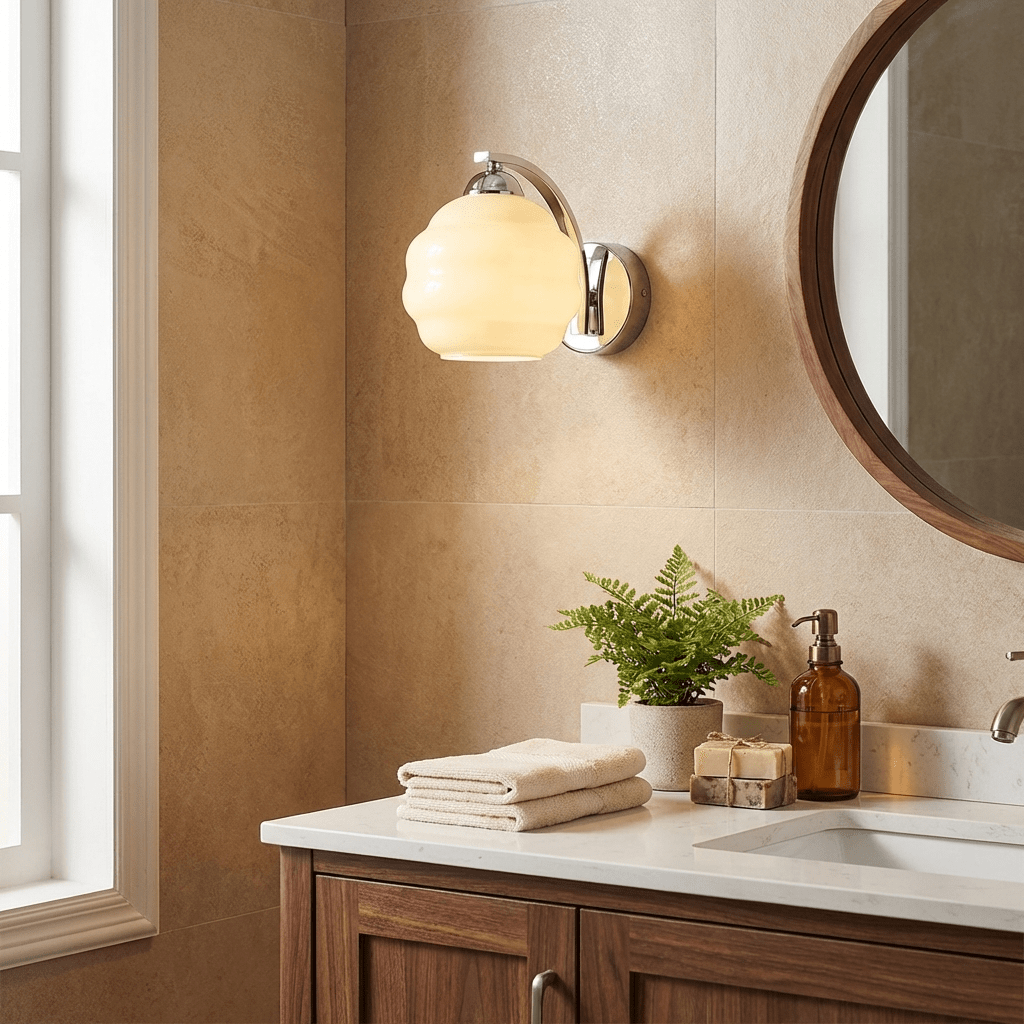 Wall Lamp Art Deco with Curved Glass Shade and Brass or Chrome Finish