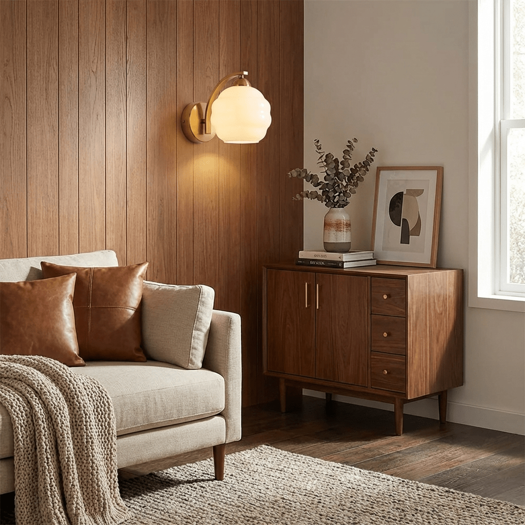 Wall Lamp Art Deco with Curved Glass Shade and Brass or Chrome Finish