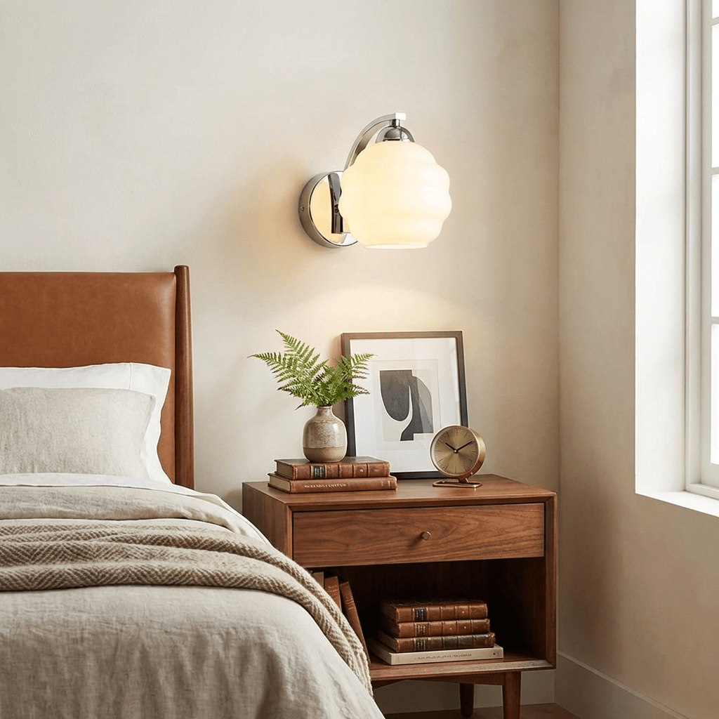 Wall Lamp Art Deco with Curved Glass Shade and Brass or Chrome Finish