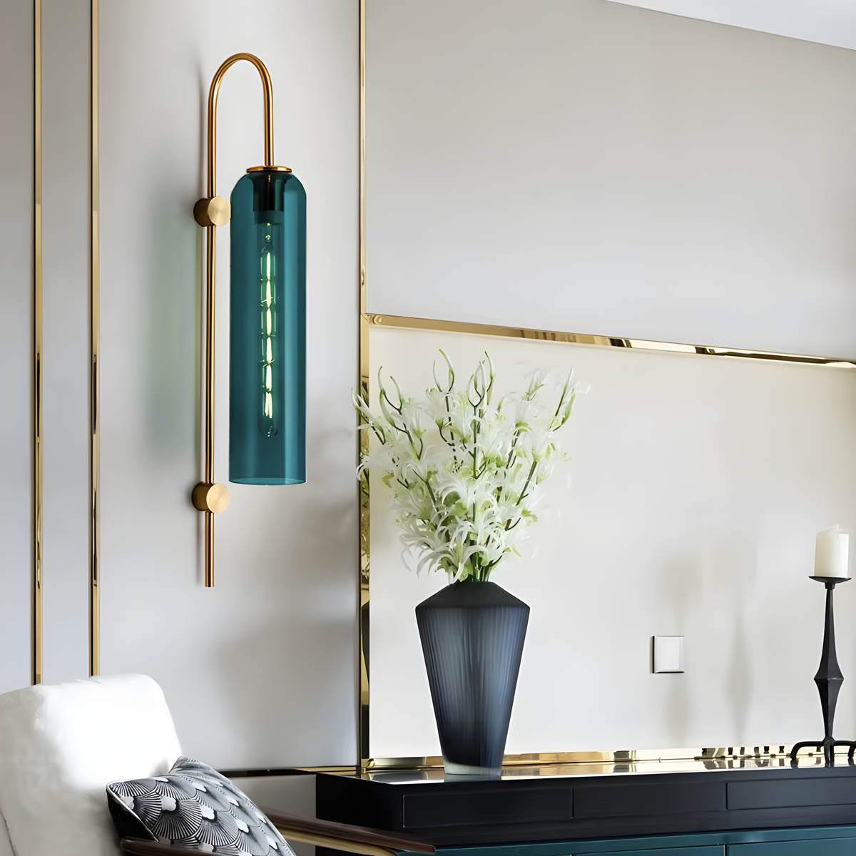 Wall Lamp Art Deco with Cylindrical Glass Shade and Arched Brass Frame