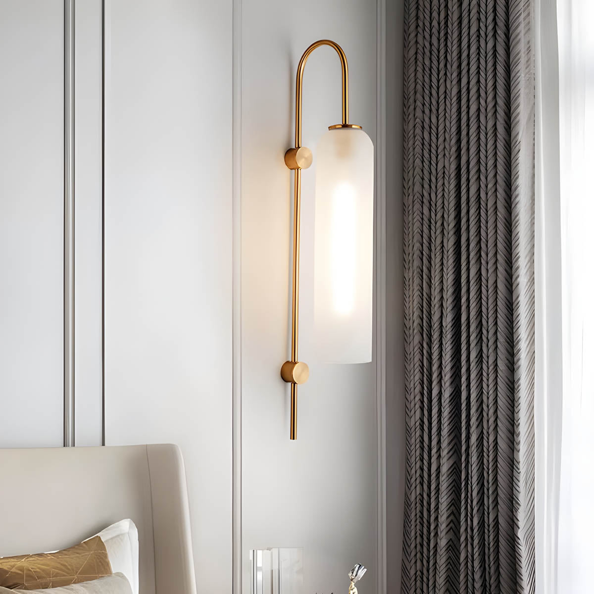 Wall Lamp Art Deco with Cylindrical Glass Shade and Arched Brass Frame