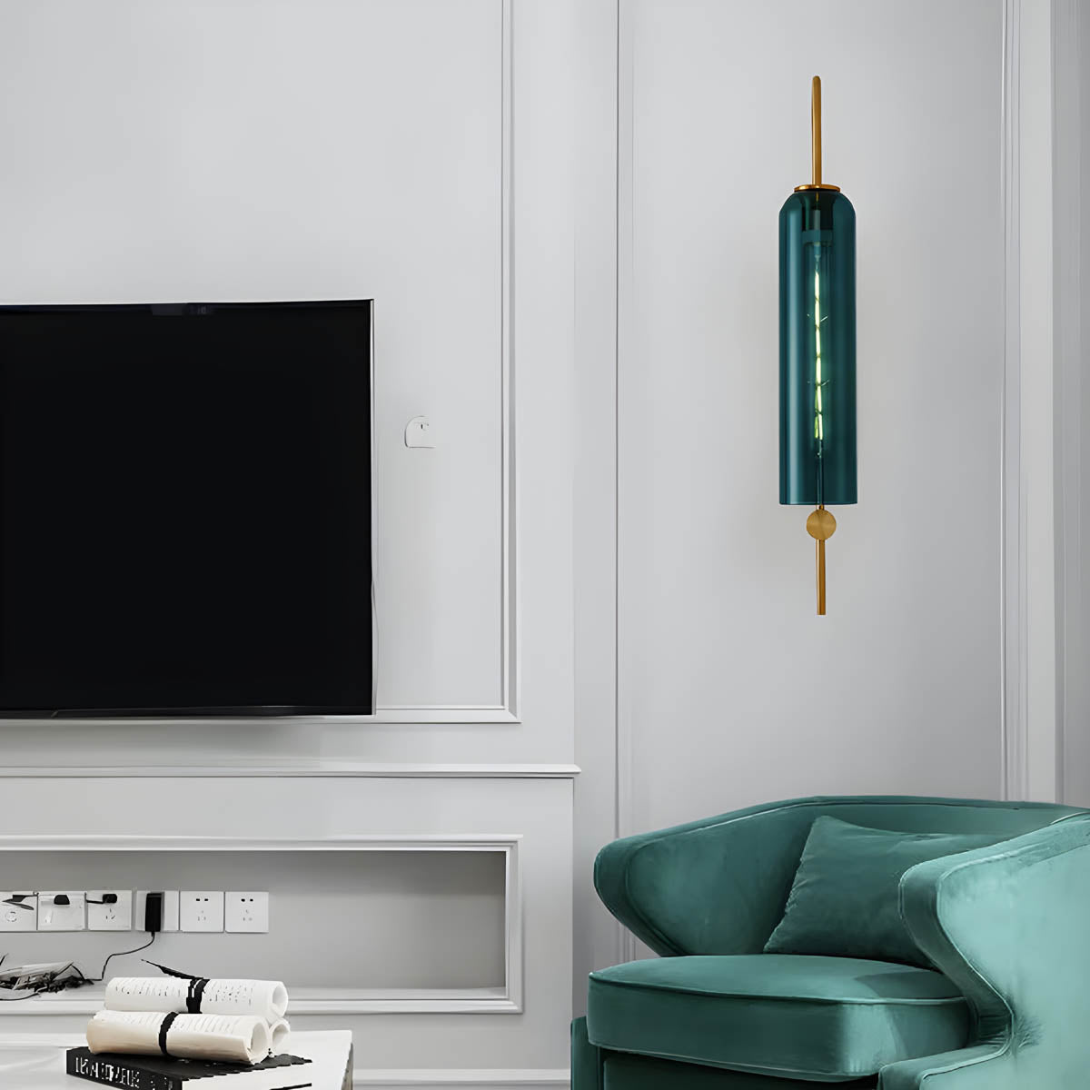 Wall Lamp Art Deco with Cylindrical Glass Shade and Arched Brass Frame