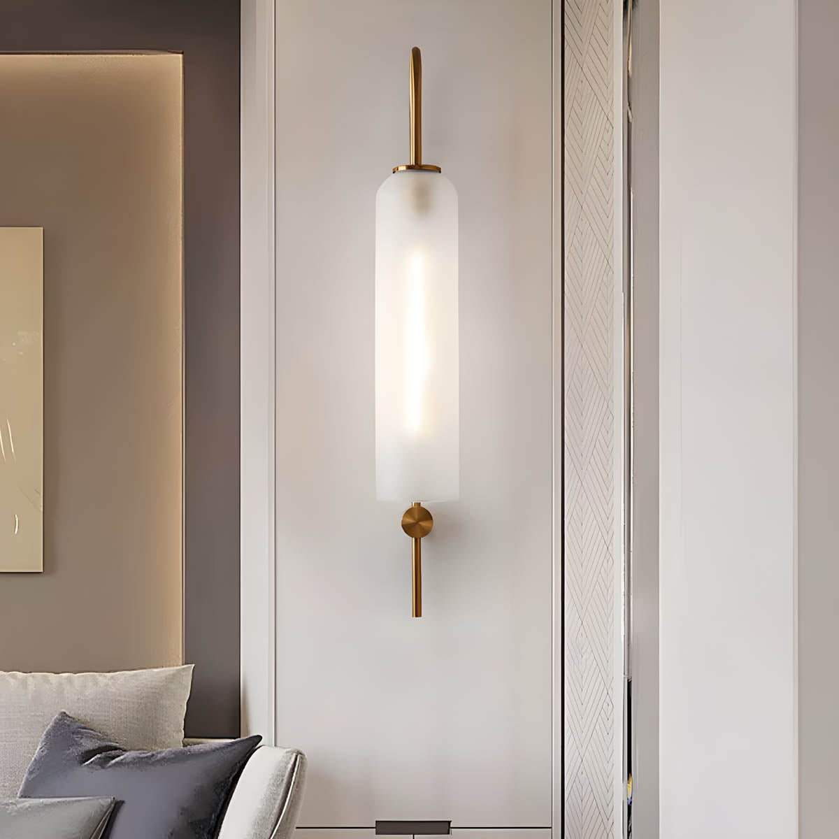 Wall Lamp Art Deco with Cylindrical Glass Shade and Arched Brass Frame