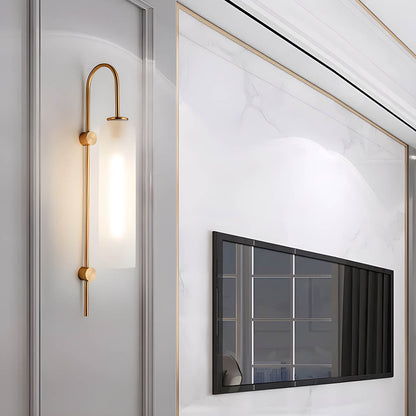 Wall Lamp Art Deco with Cylindrical Glass Shade and Arched Brass Frame