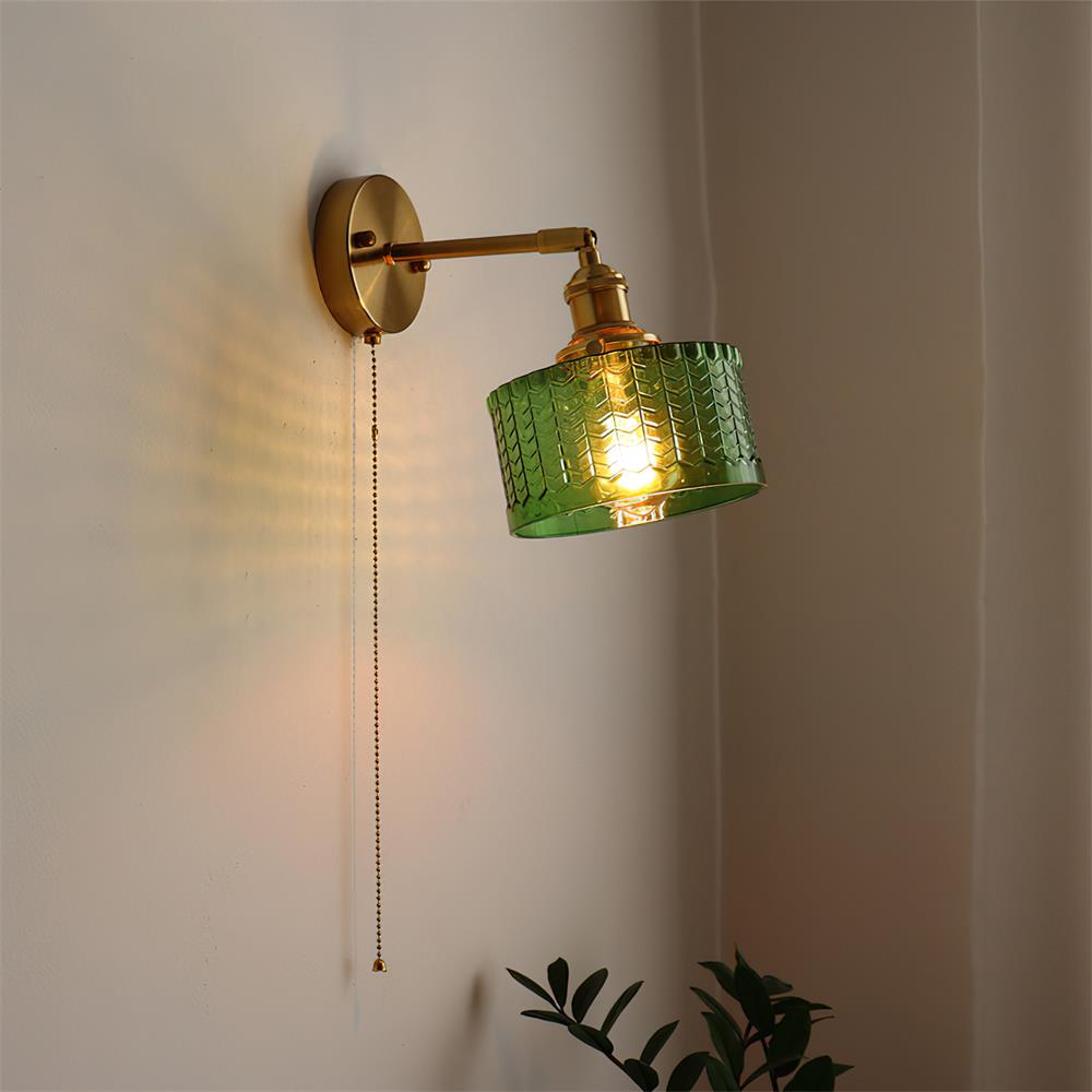 Wall Lamp Art Deco with Glass Shade and Pull Chain Switch