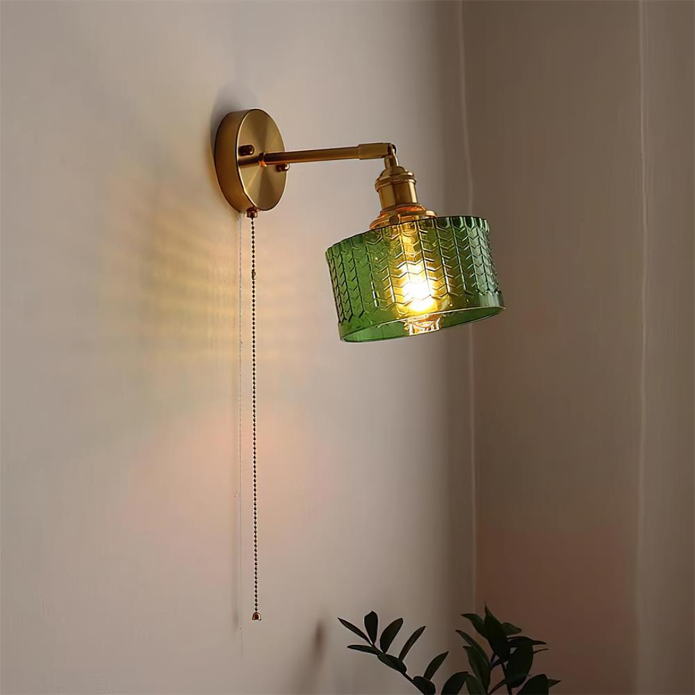 Wall Lamp Art Deco with Glass Shade and Pull Chain Switch