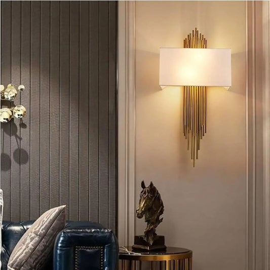 Wall Lamp Art Deco with Gold Tube Rods and Fabric Shade