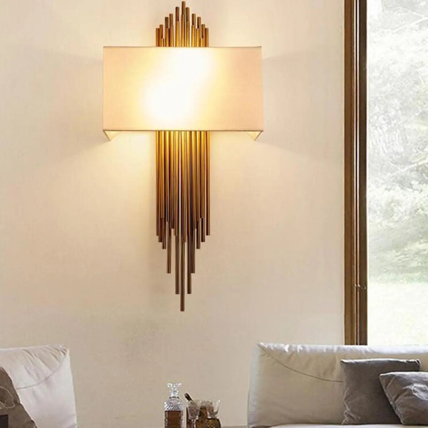 Wall Lamp Art Deco with Gold Tube Rods and Fabric Shade