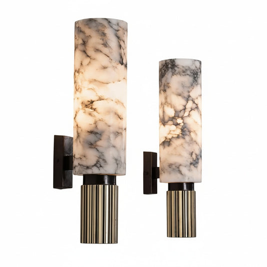 Wall Lamp Art Deco with Marble Cylinder Shade and Ribbed Brass Base