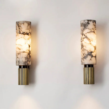 Wall Lamp Art Deco with Marble Cylinder Shade and Ribbed Brass Base