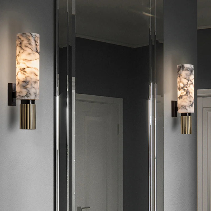 Wall Lamp Art Deco with Marble Cylinder Shade and Ribbed Brass Base